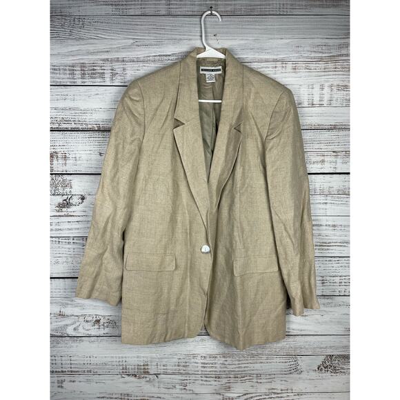 Jennifer Moore 100% Linen Blazer Jacket 12 Tan Neutral Minimalist Coastal Career - Picture 1 of 6